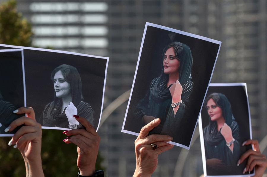 Three photographs of Mahsa Amini, who died in custody recently in Iran.