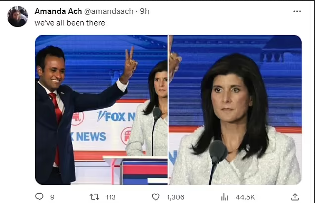 Tweet clip showing Nikki Haley at Debate with blank stare.