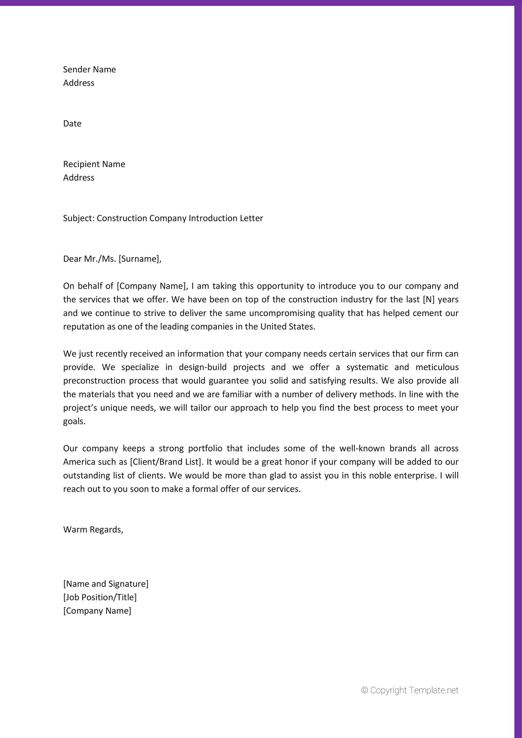 Construction Business Introduction Letter Sample | HQ Template Documents
