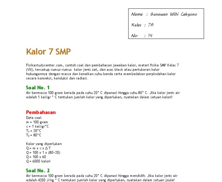 Contoh Soal Kalor Dan Jawabannya Smp Kelas 7 Jawaban Siswa