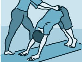 Illustration of a yoga instructor helping a student