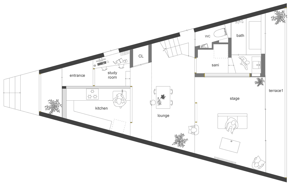The second floor has two symmetrical bedrooms of similar sizes. Triangular House In Toyota Aichi By Katsutoshi Sasaki Associates