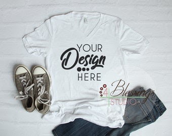 Download Bella Canvas Mockup White Slub V-Neck TShirt 3005 VNeck ...