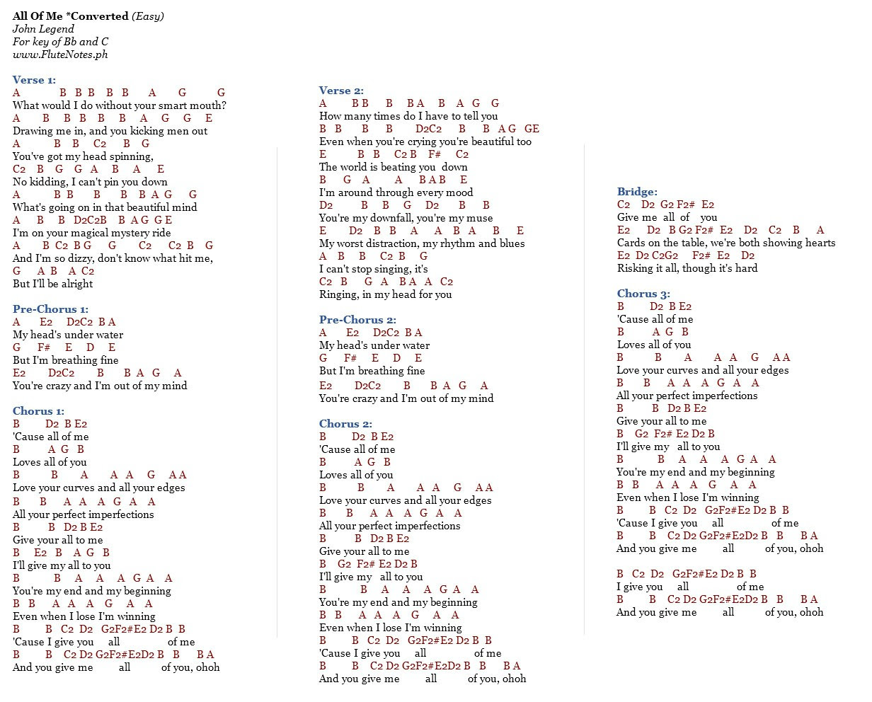 All Of Me John Legend Lyrics And Notes For Lyre Violin Recorder Kalimba Flute Etc