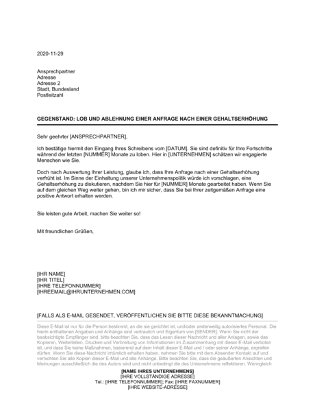 Nachdem ich nun ein jahr in ihrer firma arbeite halte ich eine gehaltserhöhung in höhe von 15 für angebracht. Lob Und Ablehnung Einer Anfrage Nach Einer Gehaltserhohung Vorlagen Und Muster Biztree Com