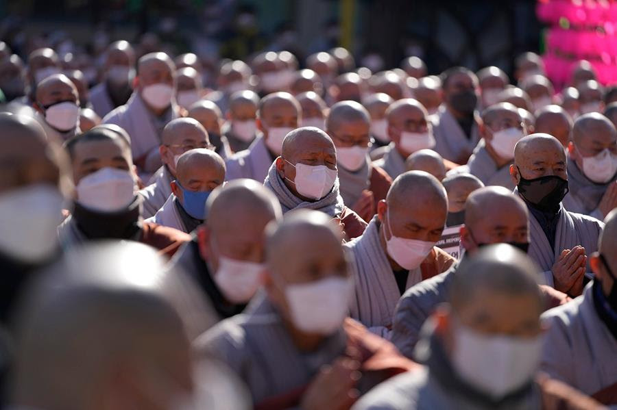 South Korean Buddhist monks participate at a rally at the Jogye temple in Seoul, South Korea.