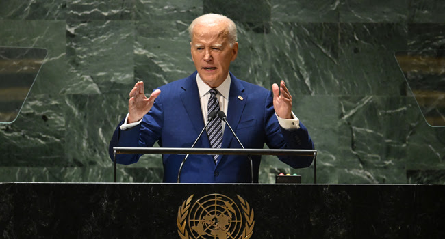 Photo of Biden gensturing at the UN.