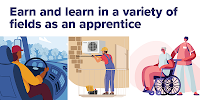 Illustration: A driver steers a truck, a worker performs maintenance on an HVAC unit, and a person in medical scrubs pushes an older woman in a wheelchair. The text reads, "Earn and learn in a variety of fields as an apprentice."