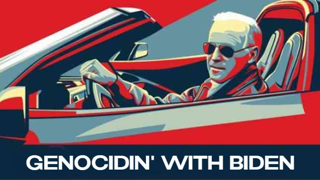Poster of Biden in his Corvette with the slogan "Genocidin' with Biden."