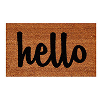 Hello doormat in natural with black script.