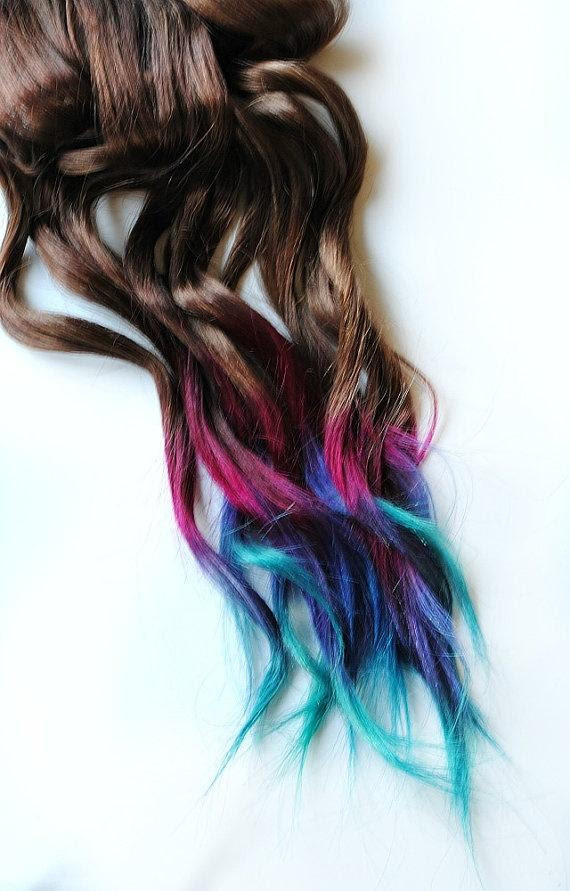 This is what pastel dreams are this magenta, royal blue and light blue hair is a blended style, and the technique used is like sand art! Reserved Brunette Lauren Conrad Inspired Human Hair Extensions Tie Dyed Clip Ins Brown Pink Purple Blue Ombre Rainbow 2298199 Weddbook