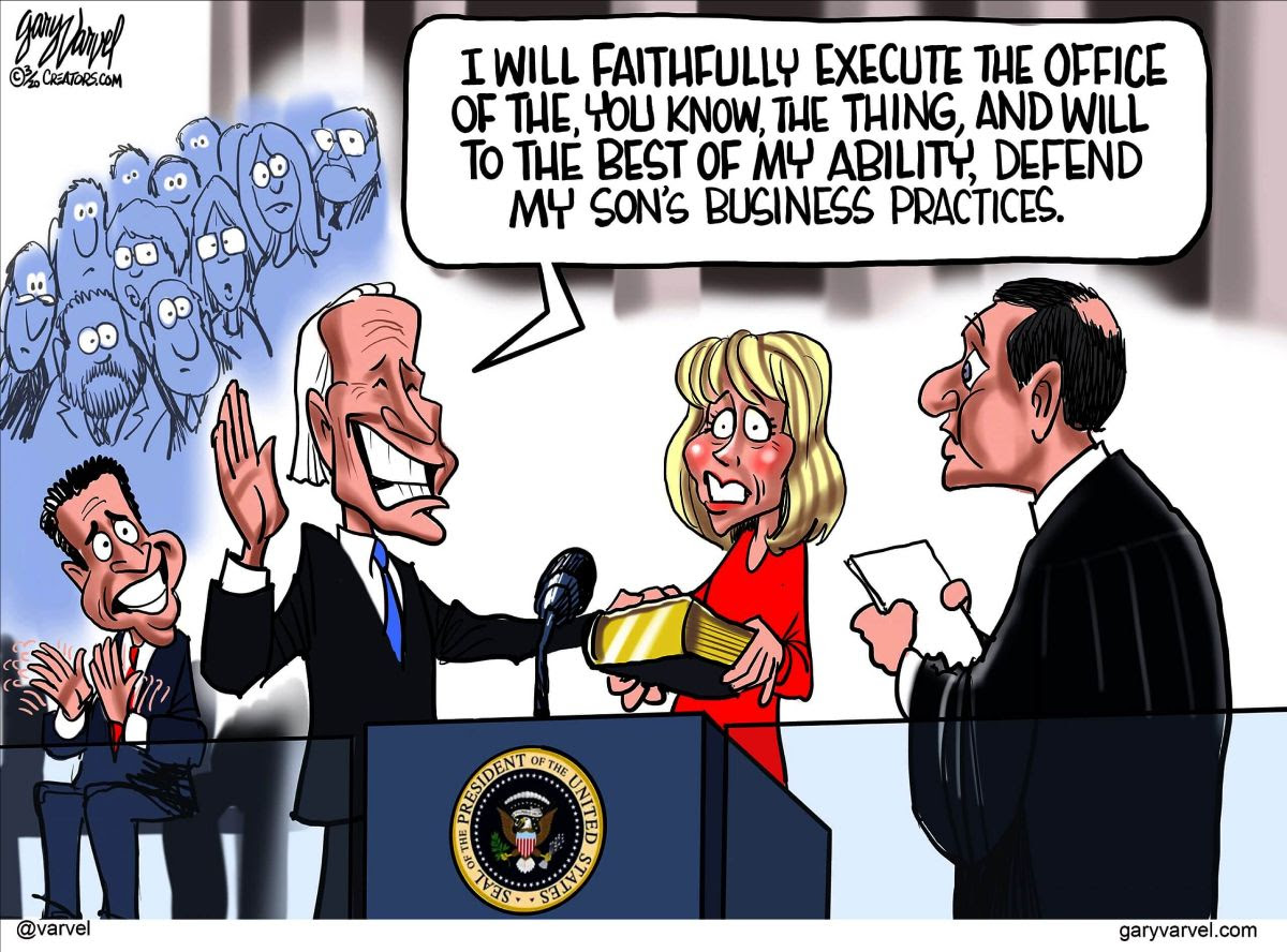 Editorial cartoon showing Biden bumbling the oath of office.