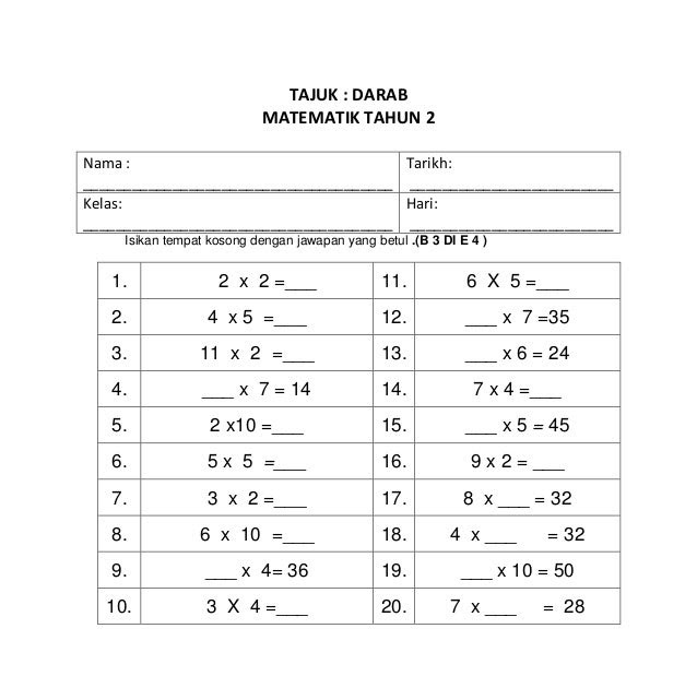 Soalan Congak Matematik Tahun 2 - Resepi Book k
