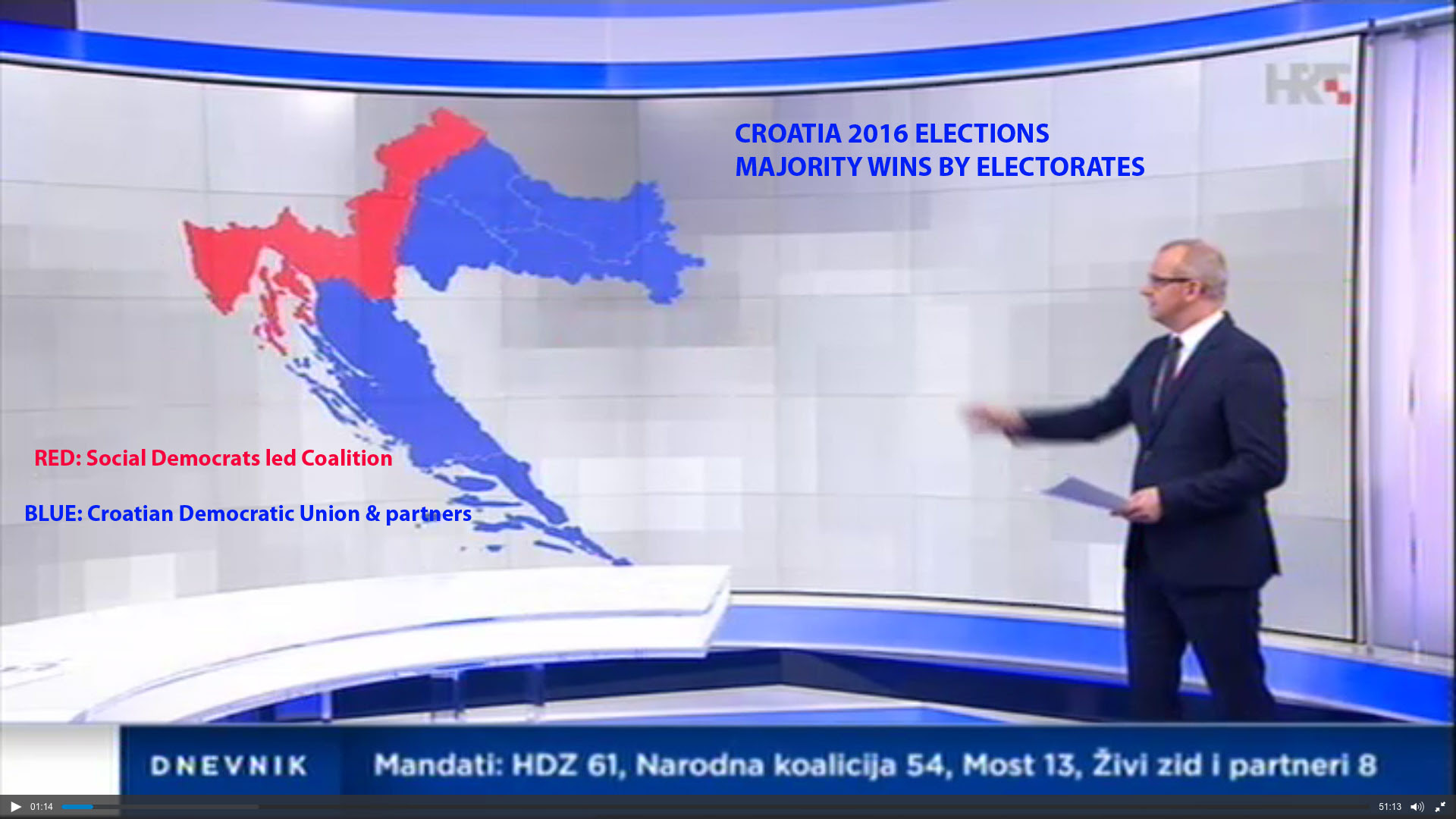 Map of Croatia With Election 2016 Results by majority seats per electorate Photo: Screenshot HRT news 12.09.2016