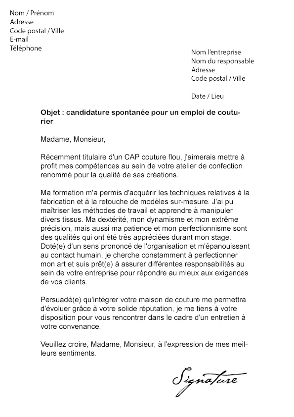 Le principe de la lettre de motivation découle du contexte économique. Lettre De Motivation Couturier Modele De Lettre