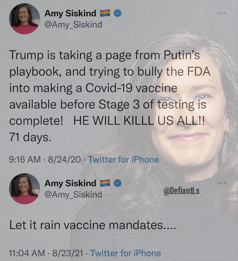 Hypocrite Amy Siskind. First she says vaccines are not test and will kill us all. One year later (under Biden) promotes vaccine mandates.