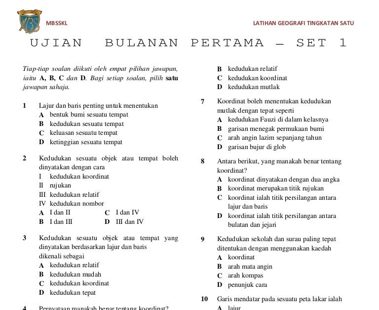 Soalan Ujian Geografi Tingkatan 5 - Selangor i