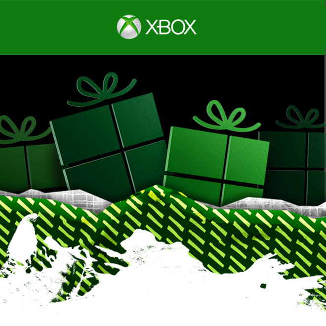 Several green gifts rest under the Xbox logo.