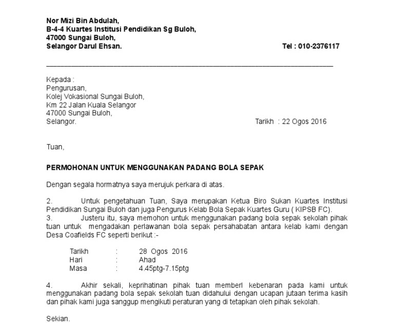 Borang Surat Permohonan Menggunakan Padang Sekolah / Pengarah, bahagian