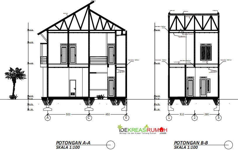  Gambar  Denah Tampak Potongan  Rumah  2  Lantai  2022 