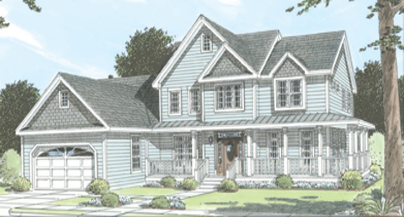 Two story colonial style home with decorative gable, two dog house dormers and a garage. Two Story Colonial Modular Homes In New Jersey
