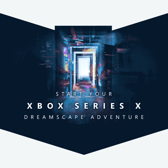 Animated art beckoning users to start their Xbox Series X Dreamscape Adventure through a series of recursive doorways leading to other worlds.