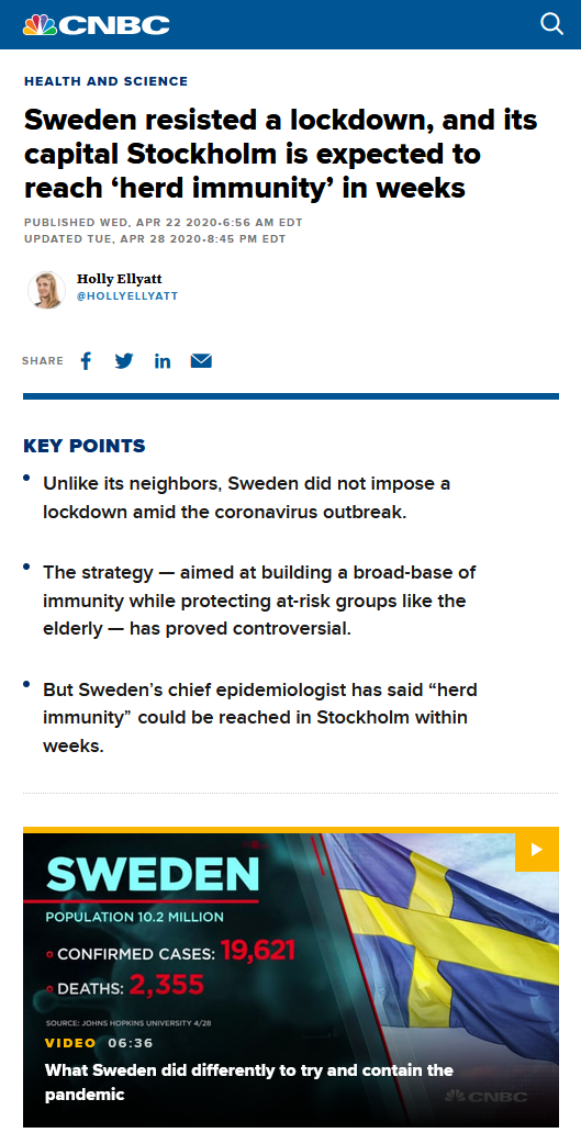 CNBC: Sweden resisted a lockdown, and its capital Stockholm is expected to reach ‘herd immunity’ in weeks