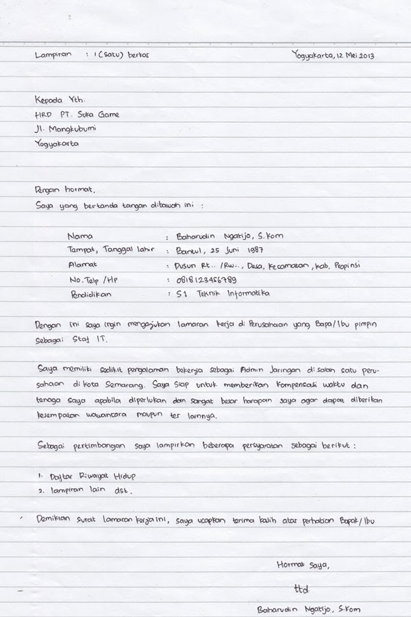 Dalam surat lamaran pekerjaan biasanya akan. Contoh Lengkap Surat Lamaran Kerja Tulis Tangan Terbaru