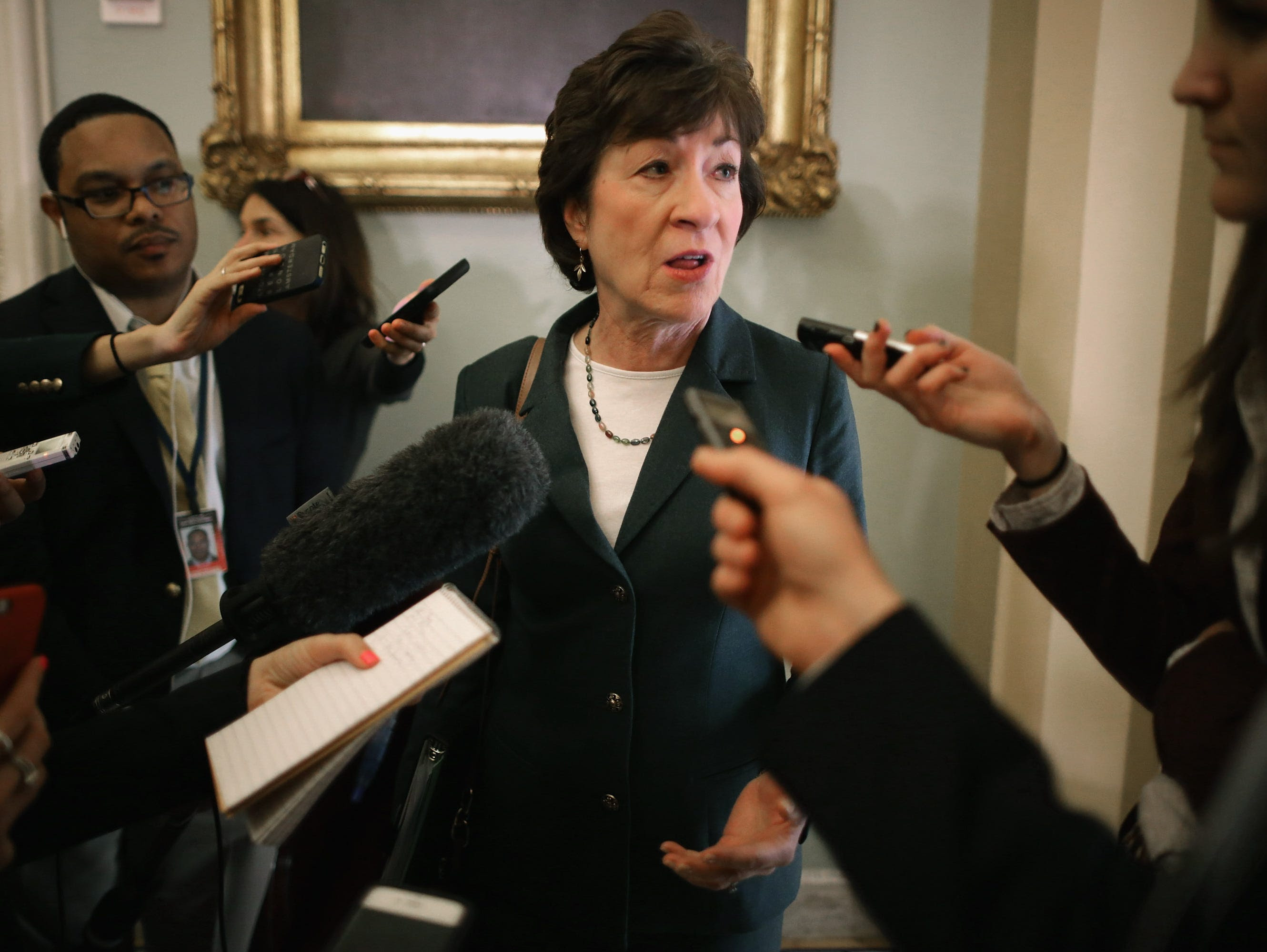 Sen. Susan Collins, R-ME, talks with reporters before heading into the GOP policy luncheons at the U.S. Captiol February 3, 2015 in Washington, DC.