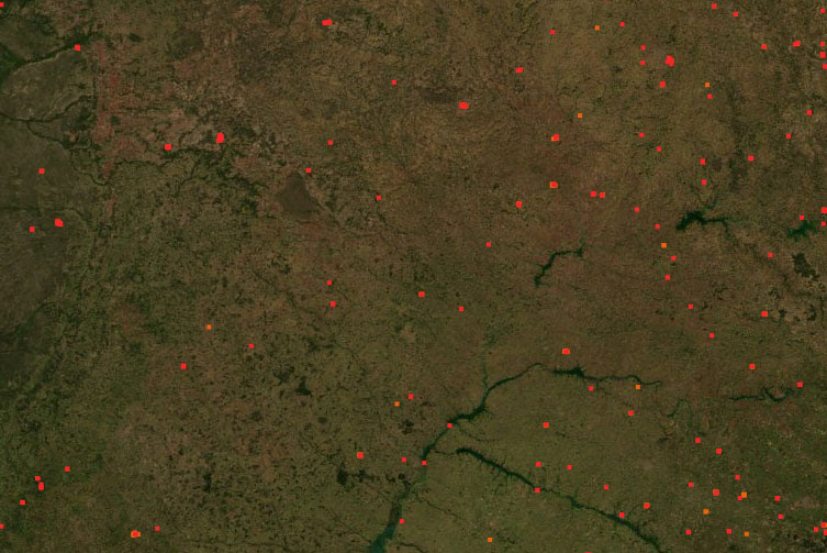 Zoom de la imagen satélite de FIRMS, departamento de la NASA