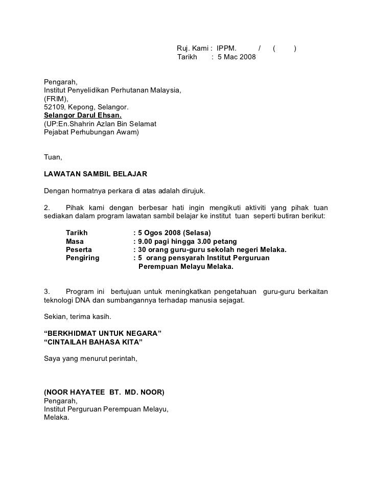 Surat Rasmi Permohonan Lawatan Sambil Belajar Ke Kilang 