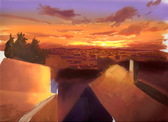 無料イラスト画像 綺麗な絵の具 夕日 海 イラスト