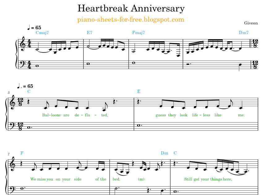Piano Sheet Music Giveon Heartbreak Anniversary Piano Sheet Music - piano key notes shes all that roblox