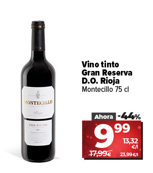 Vino tinto gran reserva D.O. Rioja Montecillo 75cl ahora un 44% más barato a 9,99€ a 13,32€/l, antes a 17,99 a 23,99€/l
