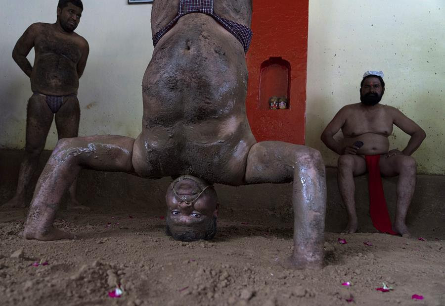 Three traditional Indian wrestlers prepare for bouts during Nag Panchami festival in India. One of the wrestlers is doing a handstand with his head touching the ground.