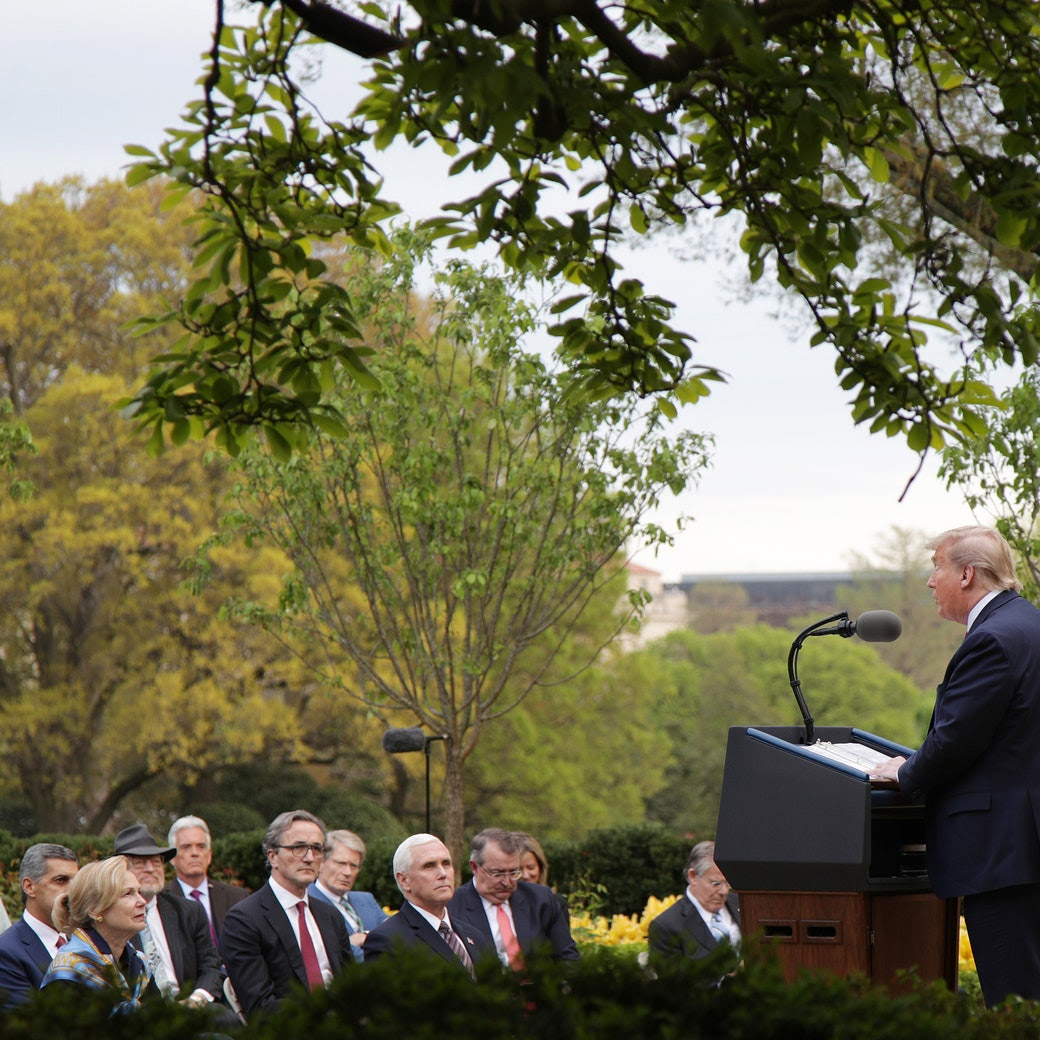 U.S. President Donald Trump speaks during the daily briefing.