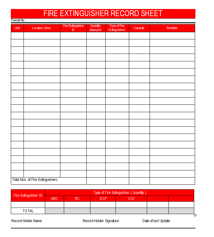 A fire extinguisher inspection ensures that fire extinguishers are in good working condition and includes both fire extinguisher maintenance and monitoring. Fire Extinguisher Record Sheet