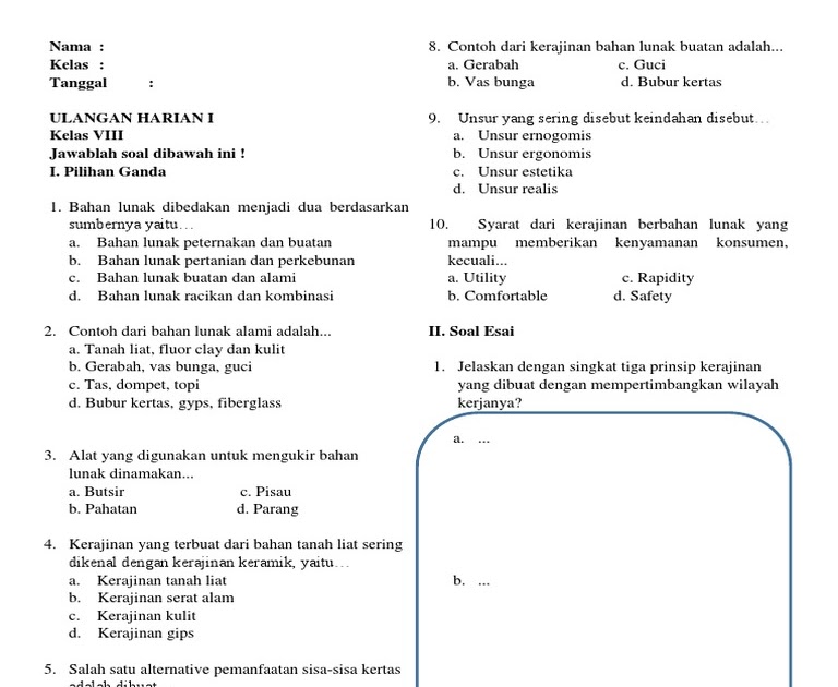 Soal Semester 1 Kls 8 K13 Prakarya Kerajianan Bahan  Lunak  