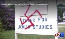Swastika sprayed on kollel sign of Orthodox Jewish synagogue Ohawe Sholam in Pawtucket, Rhode Island.