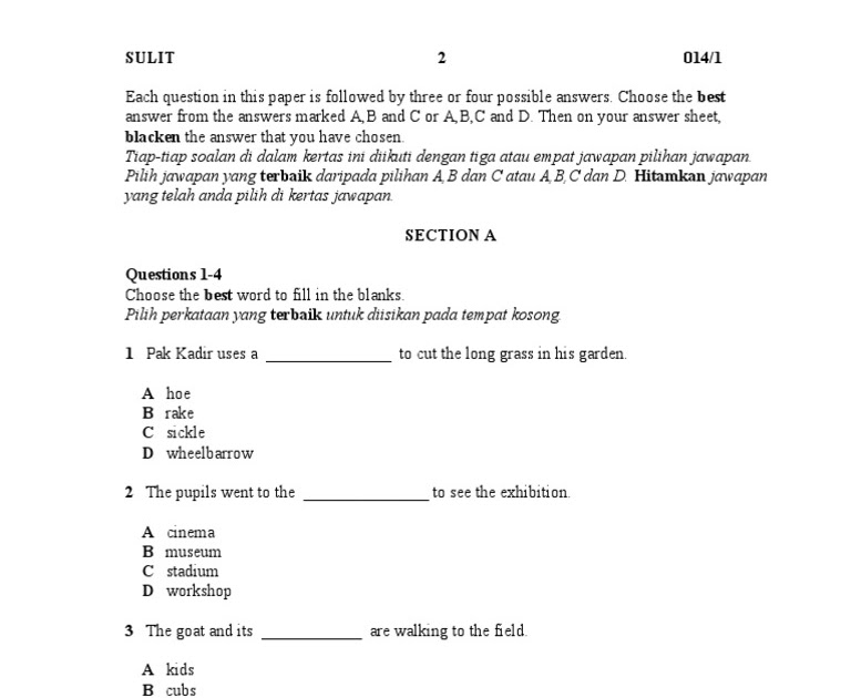 Soalan Bahasa Inggeris Paper 1 Tahun 5 - Malacca s