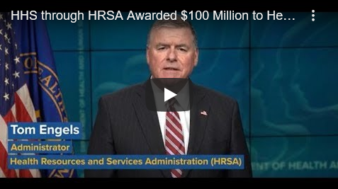 screenshot of the video in which HRSA Administrator Tom Engels discusses the COVID-19 funding