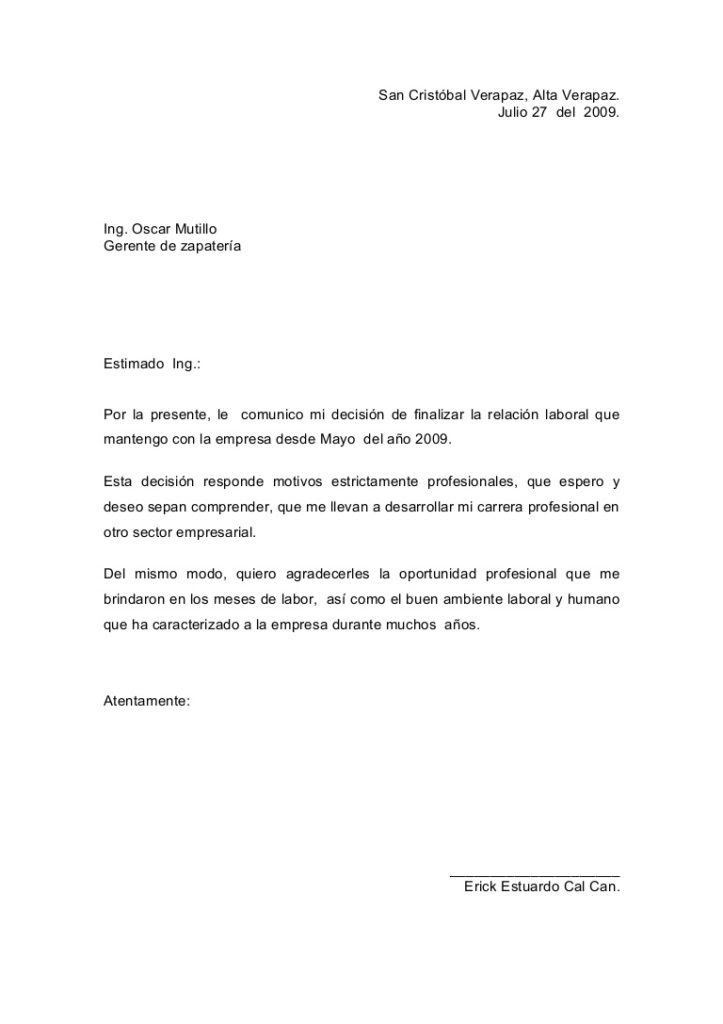 Carta de renuncia 2018