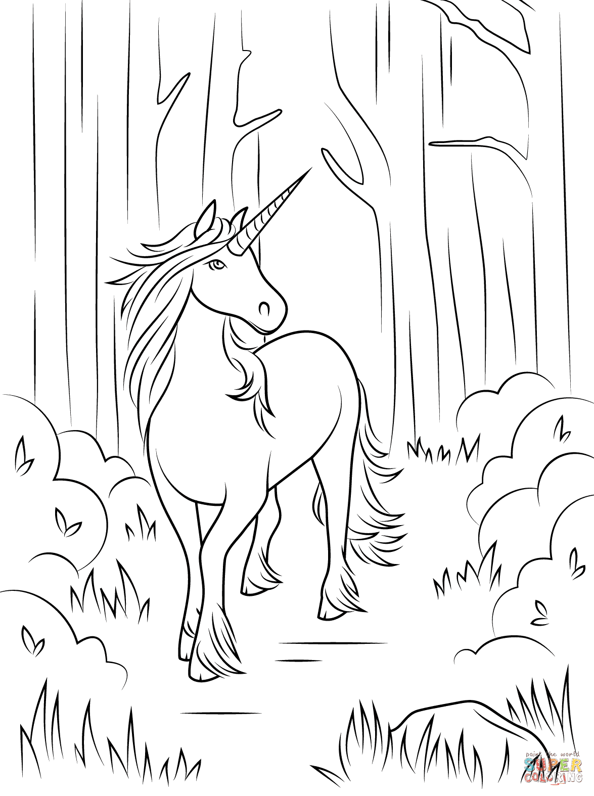 These unicorn coloring pages would make great posters, because not only do they have unicorns on them, but each sheet has its own positive, encouraging message. Forest Unicorn Coloring Page Free Printable Coloring Pages