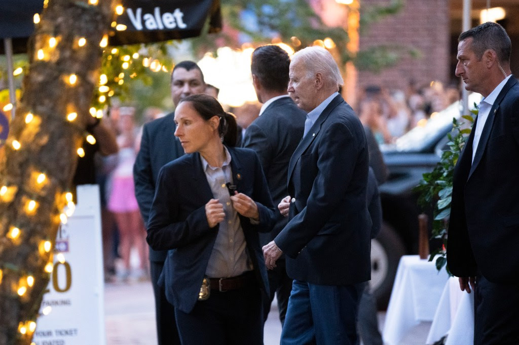 Biden leaving Cafe Milano on June 4, 2023 — where he previously had a dinner with his son Hunter and Russian oligarch Yelena Baturina in 2014.