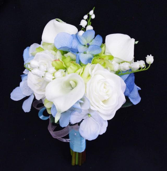 Faux wedding bouquets in navy blue flowers and eucalyptus greenery. Wedding Bouquet Blue Hydrangeas White Roses And Calla Lilies Silk Flower Bride Bouquet Almost Fresh 2704032 Weddbook