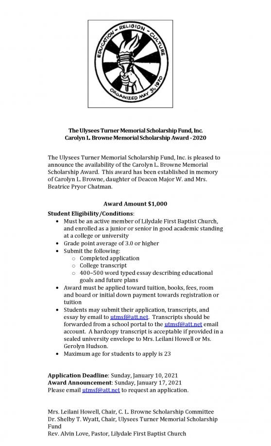 The catholic faith is a strong believer in also, a student's financial need and grades can affect how they receive a scholarship. Lilydale First Baptist Church God S Friendly Church Ulyssees Turner Memorial Education Fund