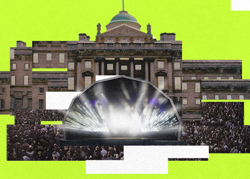 Campaign artwork for Somerset House Summer Series. An image of Somerset House has been collaged, with a stage and crowds pieced together in front. This is all on a lime green background.