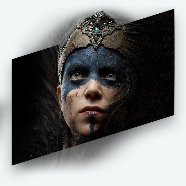 Key art for Hellblade: Senua's Sacrifice featuring Senua in her Pict warrior makeup.