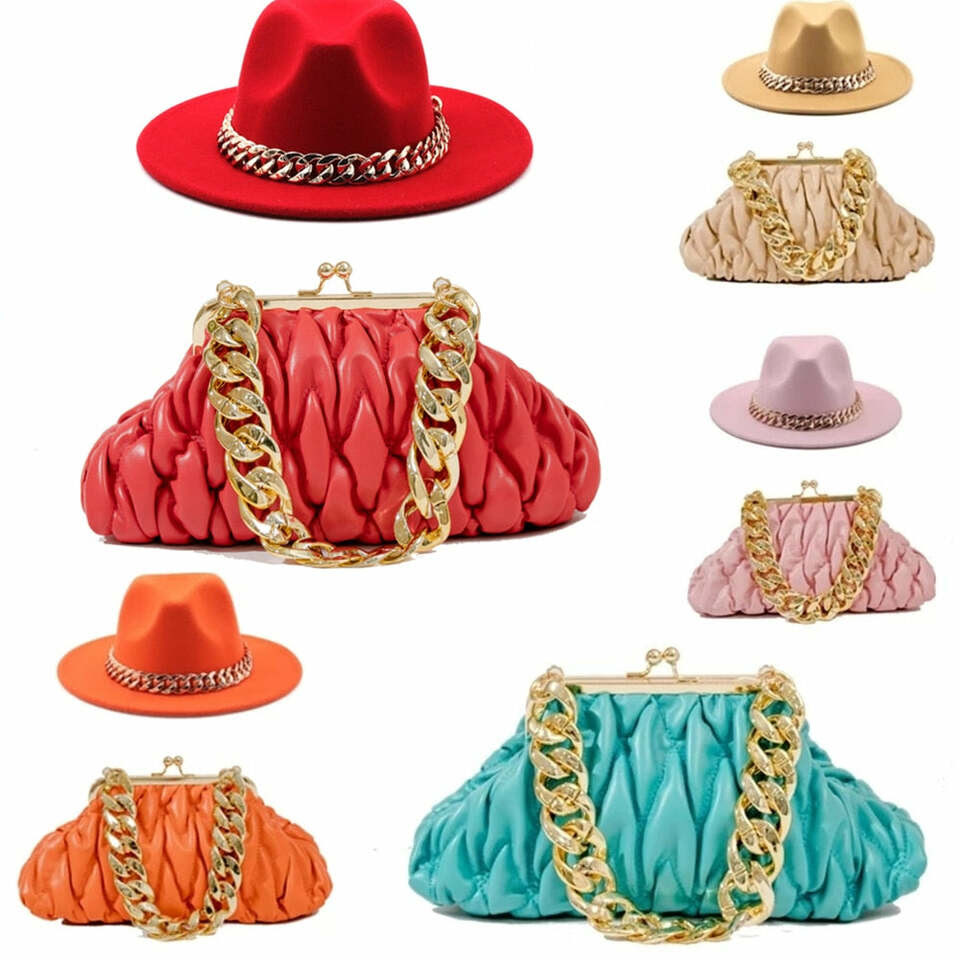 fedoras and bag sets women fedora golden chain bag hat sets  women leather bags handbag Church fedora party  jazz hats