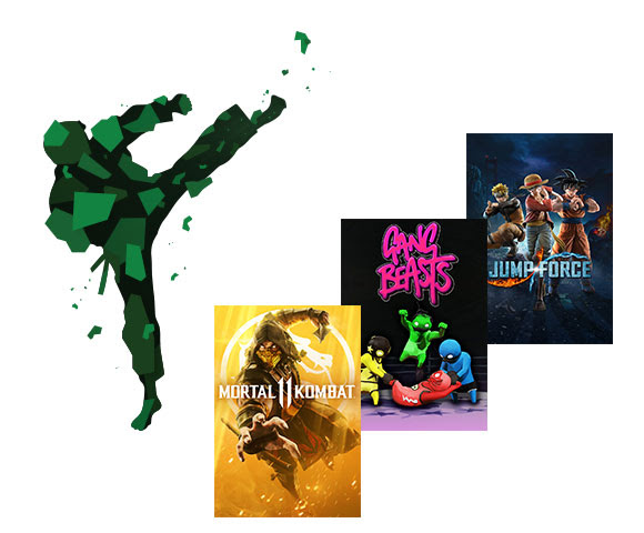 A martial arts fighter throws a high kick next to a selection of games available in the Xbox Super Game Sale, including Mortal Kombat 11, Gang Beasts and Jump Force.